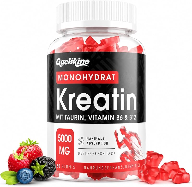 Creatin Monohydrat Gummibärchen 5000mg, Hochdosierte Kreatin mit Taurin, Vitamin B12 & B6, Alternative zu Kreatin Kapseln & Pulver, Vegan, Beerengeschmack (60 Stück (1er Pack))