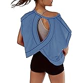 Kumufenc Women Short Sleeve Workout Shirts Open Back Tops Casual Yoga Y2k Athletic Gym Slouchy Crop Running Tees