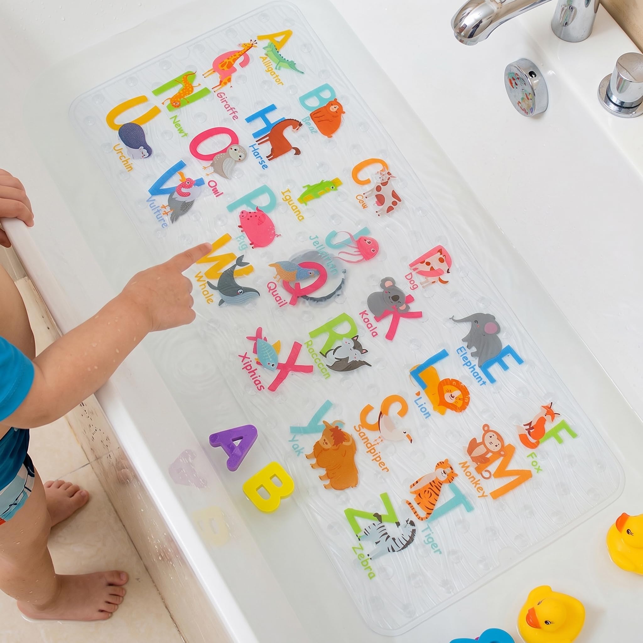 BEEHOMEE Bath Mats for Tub - Large Cartoon Non-Slip Bathroom Bathtub MatAnti-Slip Shower Mats for Floor 89 X 38 CM Machine Washable XL Size Bathroom Mats (Alphabet DWZM)