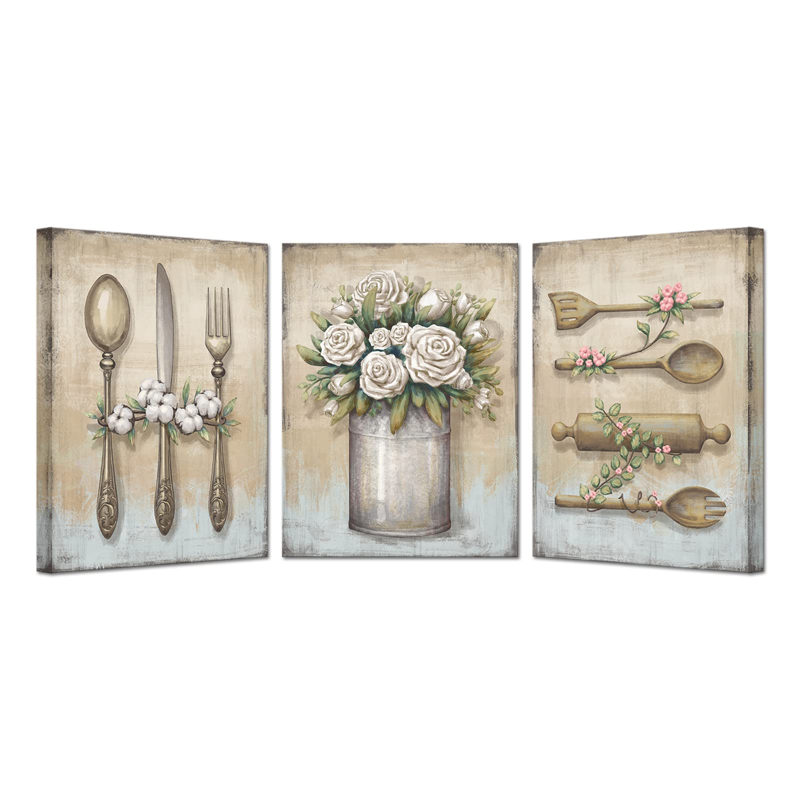 Photo 1 of 3pcs Vintage Kitchen Wall Art Decor Kitchenware Painting Picture Retro Fork Knife Spoon Print on Canvas Arkwork for Home Dining Room Restaurant Decoration Framed Ready to Hang Each Size 12x16 Inch