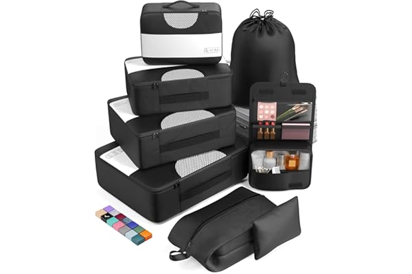 Veken 8 Set Packing Cubes for Suitcases, Travel Essentials for Carry on, Luggage Organizer Bags Set for Travel Accessories in 4 Sizes (Extra Large, Large, Medium, Small), Black