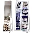 OUTDOOR DOIT 360° Rotating LED Jewelry Armoire with Lockable,Full Length Mirror Large Capacity Jewelry Organizer Armoire,Floor Standing Mirror with Back Storage Shelves for Bedroom,White