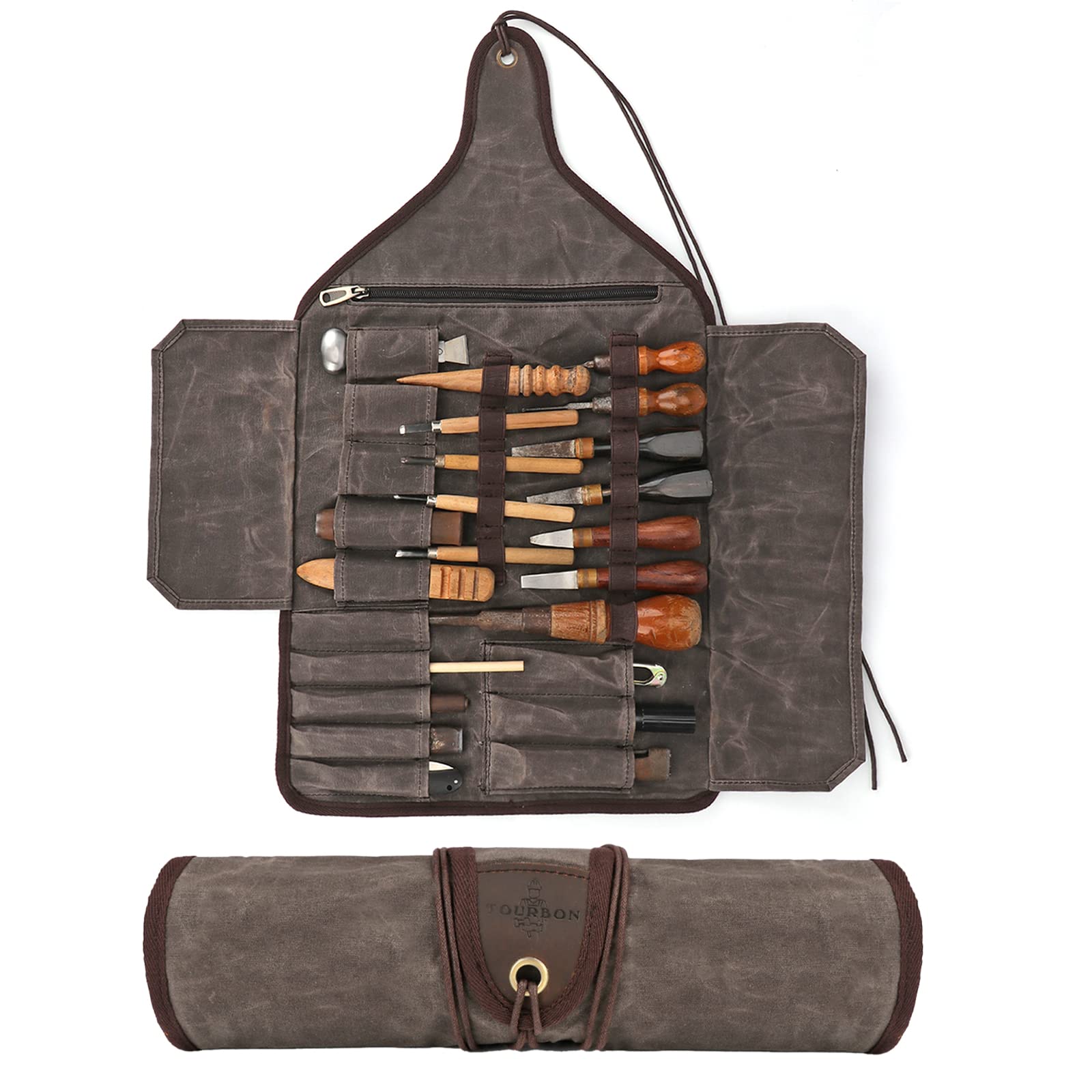 TOURBON Waxed Canvas Tool Roll Up Bag, 25-Pocket