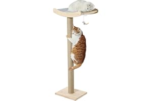 CALOREDUCE Window Cat Perch with Scratching Posts, 46" Wood Tree Bed for Maine Coon Big Cats Perching and Lounging, Mounted with 3 Strong Suction Cups (Wood Platform)
