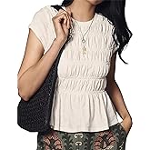 Womens Smocked Peplum Babydoll Tops Boho Summer Tank Cap Sleeve Top Ruched Cute Crew Neck Casual T Shirt