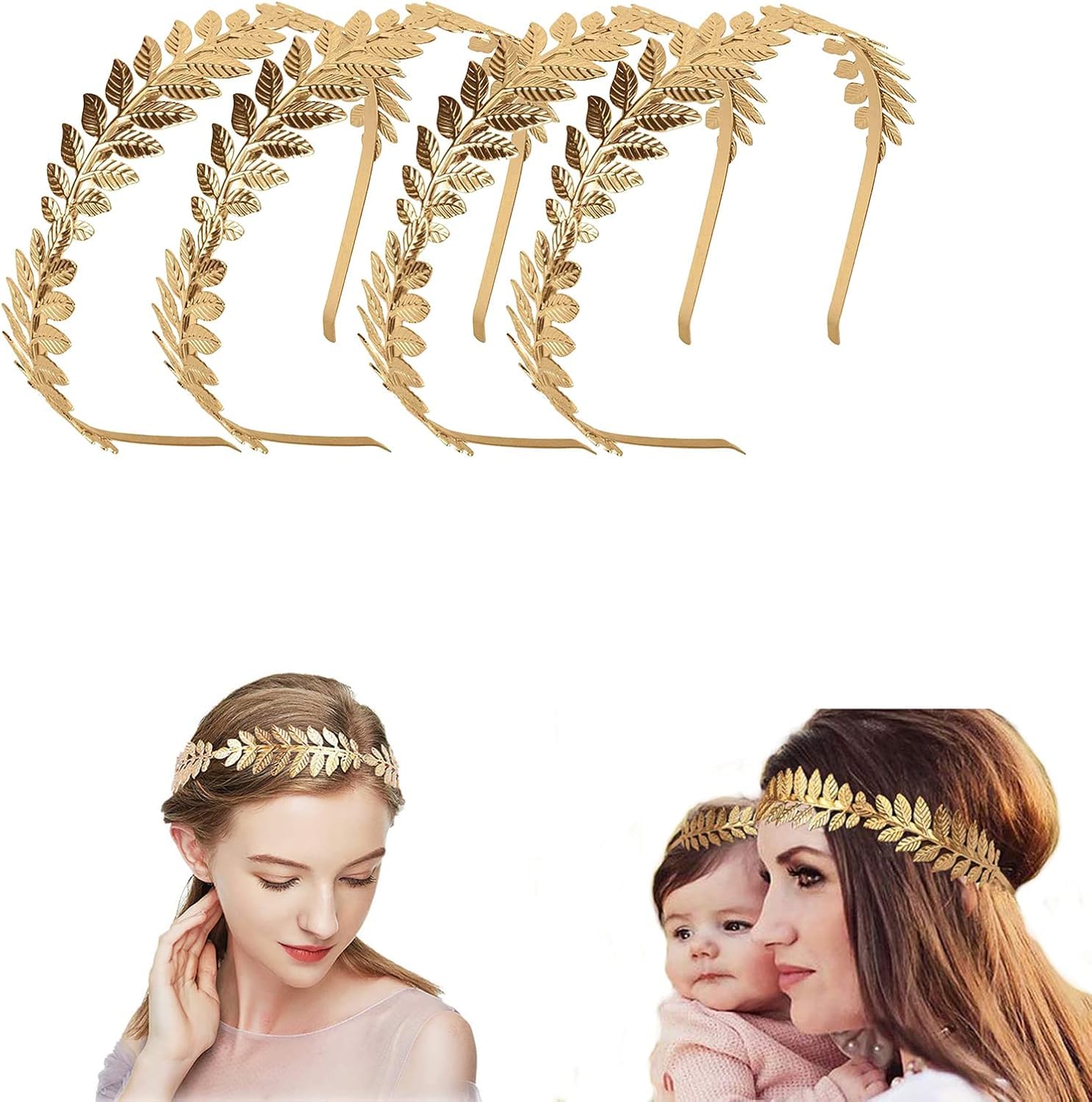 Leapbeast Pack of 4 Gold Leaf Headbands, Gold Leaf Crowns Headpiece, Greek Laurel Wreath for Bride, Women and Girls, Bridal Hair Accessories for Weddings, Parties & Fashion Shows