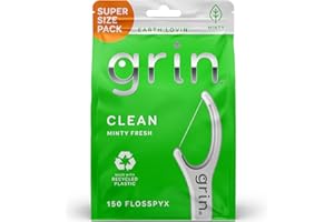 GRIN Clean Flosspyx, Floss Picks, 150 Count, Dental Flossers, Minty Flavor, Recycled Plastic, Super Strong Fine Floss, Tight Teeth, Premium Longer Floss Head, Includes Safe Fold-Back Tooth Pick