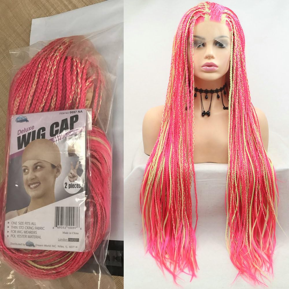 26" Long Box Braided Afro America Wig Natural Bright Pink Mixed Pastel Blonde Synthetic Lace Front Wigs for Women Daily Cosplay Use All Handmade Box Braids Party Holiday Wig Highlight Braids