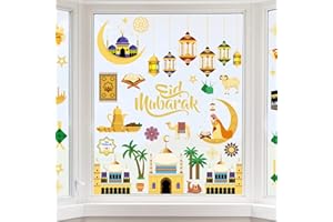 AUZESTO 111Pcs Ramadan Window Clings Decorations, Double-Sided Eid Mubarak Window Stickers Muslim Ramadan Decoration Eid Al-fitr Window Decals for Ramadan Mubarak Party Home Window Glass Decor