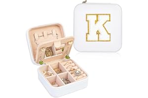 FUNARTY Travel Jewelry Case Organizer, Gifts for Women, Small Jewelry Box Jewelry Organizer, Necklace Organizer Earring Organizer Box with Mirror, White Travel Essentials Initial K