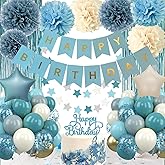 Blue Birthday Decorations - Blue Party Decor Balloons with Happy Birthday Banner Fringe Curtain Background Blue Pom Poms, Light Blue Birthday Decorations for Baby Boys Girl Men Women