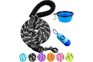 DOYOO Dog Leash 6 FT Thick Durable Nylon Dog Rope - Comfortable Padded Handle Reflective Rope Dog Leash for Medium Large Dogs with Collapsible Pet Bowl and Garbage bags (Black, 1/2" x 6 FT)