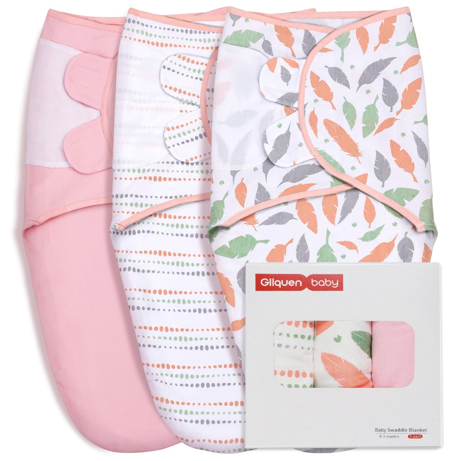 Photo 1 of ***FACTORY SEALED***GLLQUEN BABY Swaddle Blankets for Baby Girls, 3-6 Months, Orange Pink Feather & Wave Point, 3 Pack Wrap Set, Newborn Adjustable Swaddles Sleep Sack, (Medium/Large)