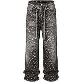 Men Baggy Rhinestone Jeans Wide Leg Denim Pants Vintage Sparkly Pearl Jeans Y2k Oversized Hip Hop Pants for Women