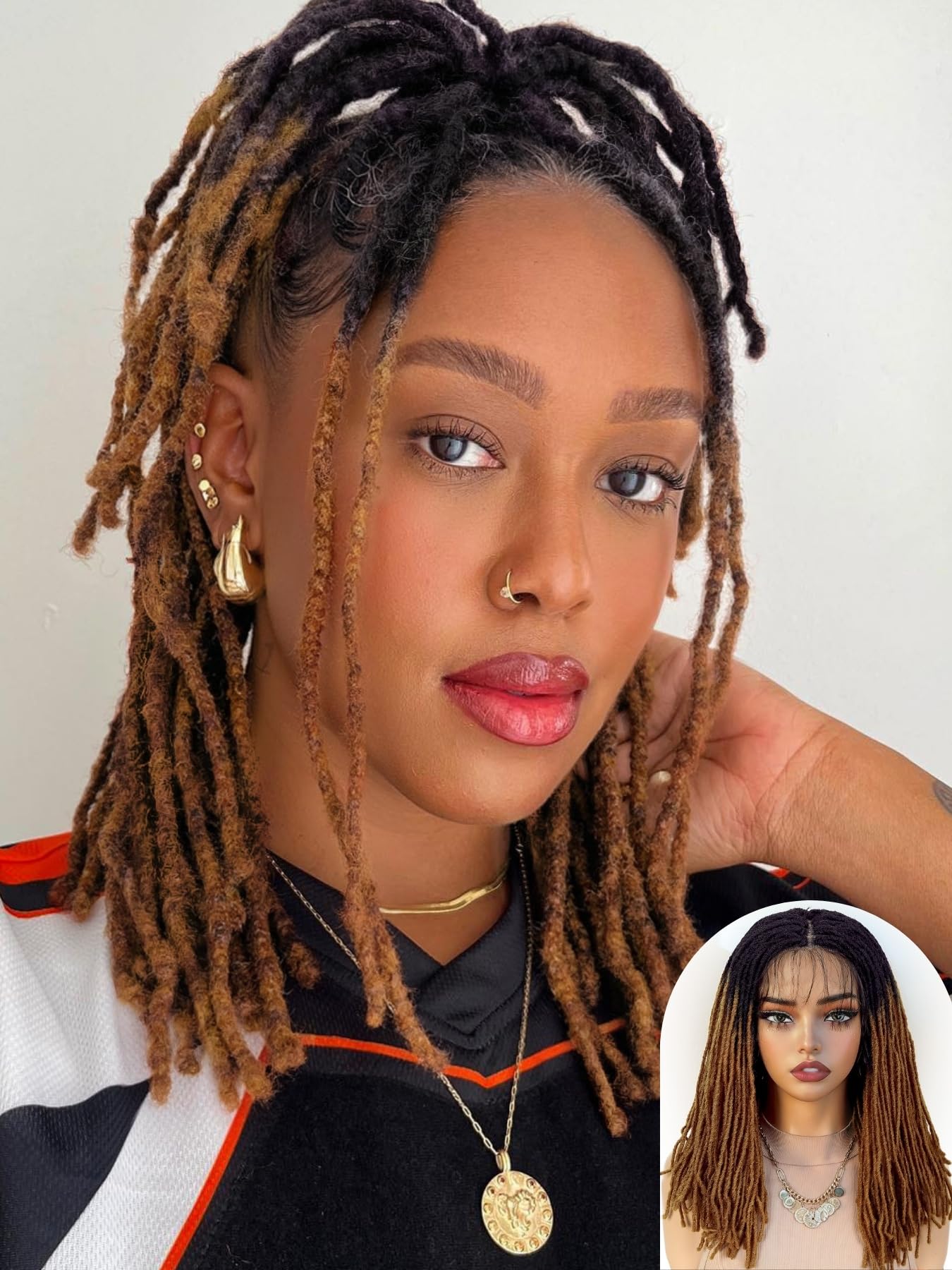 Photo 1 of **LOOKS DIFFERENT FROM STOCK ON PERSON** FANCEE Full Lace Short Faux Locs Wig with Baby Hair Pre Plucked Knotless Square Part Straight Pencil Size Dreadlock Soft Locs Full Double Lace Wig for Black Women Natural Hairstyle Ombre Brown