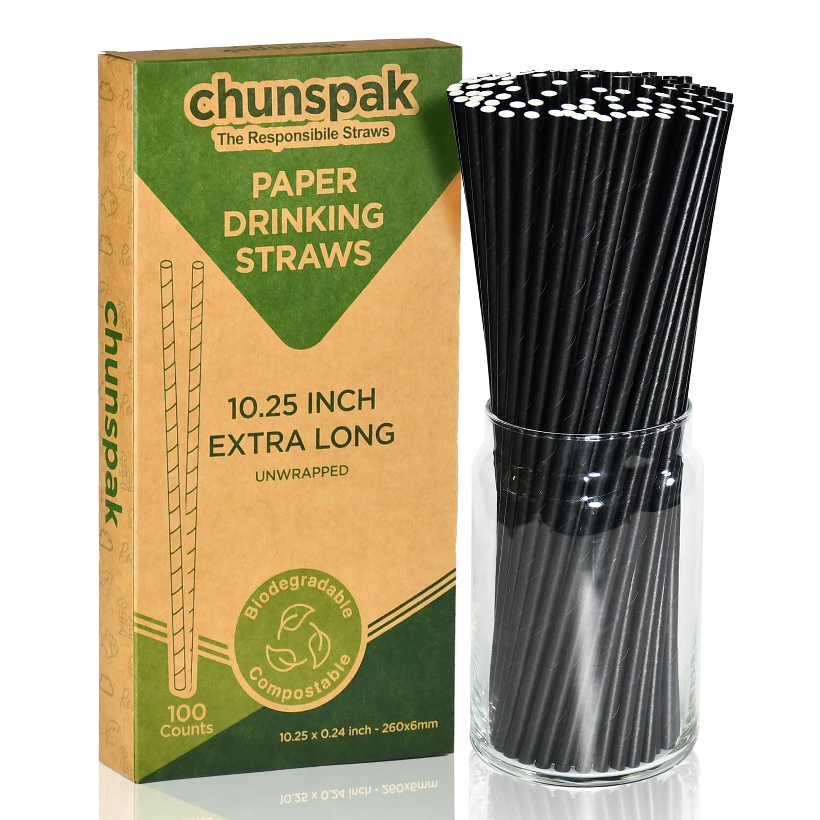 Black Paper Straws 26cm Extra Long for Large Drinks, Cocktails, Bars and Restaurants - Pack of 100, 100% Biodegradable — image 1