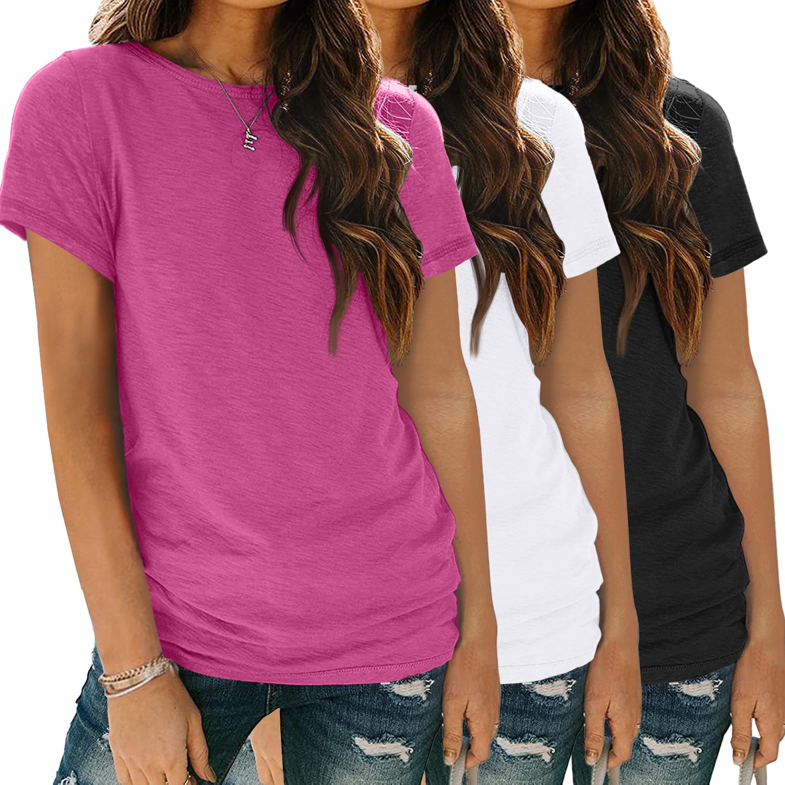 Photo 1 of **ONLY WHITE SHIRT** SUNBS Womens 3 Pack T-Shirts Short Sleeve Summer Tops Fashion Basic Tees Comfy Casual Vacation Outfits Workout Clothes 2025 HotpinkWhiteBlack 2XL