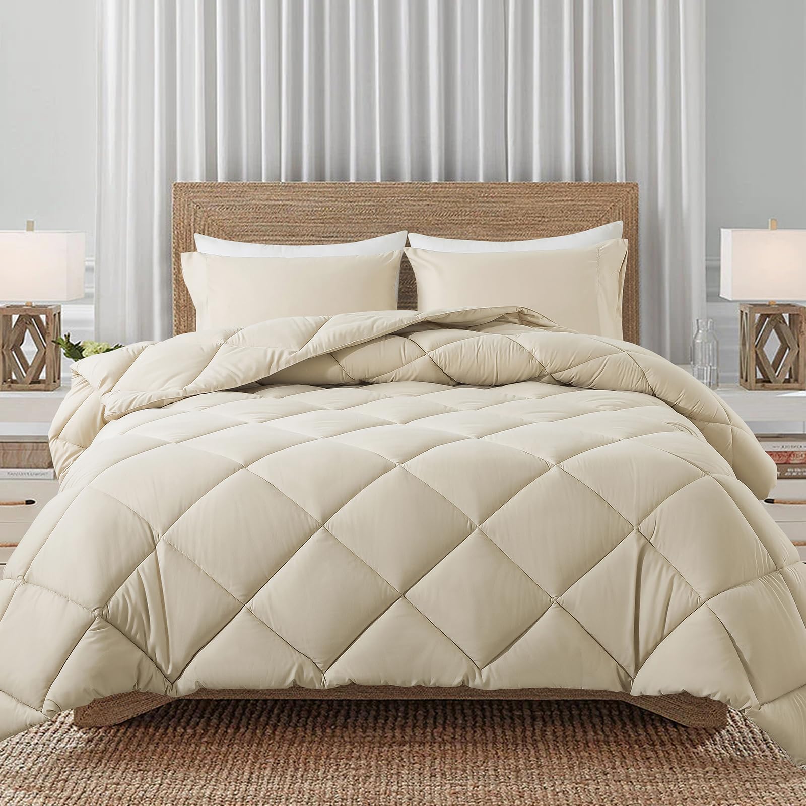 Decroom Lightweight King Comforter Set with 2 Pillow Sham - 3 Pieces Set - Quilted Down Alternative Comforter/Duvet Insert for All Season - Beige - King Size Image
