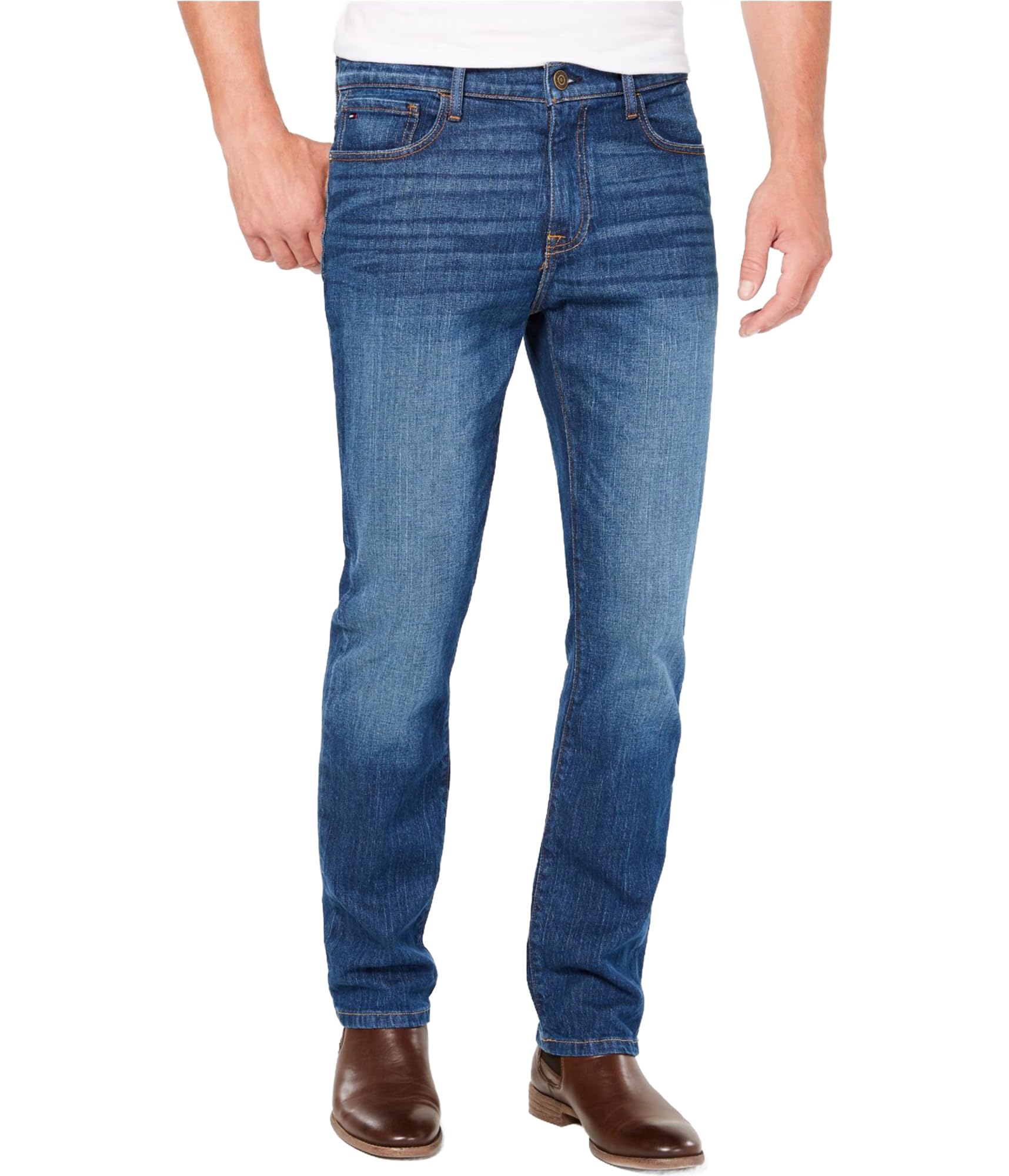 Tommy Hilfiger Mens Straight Fit Stretch Jeans, Medium Blue Wash, 30W x 32L US Image