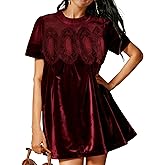 Freyhem Womens Velvet Lace A-Line Overall Casual Pleated Swing Babydoll Wedding Skirtall Scallop Neck Flared Mini Dress