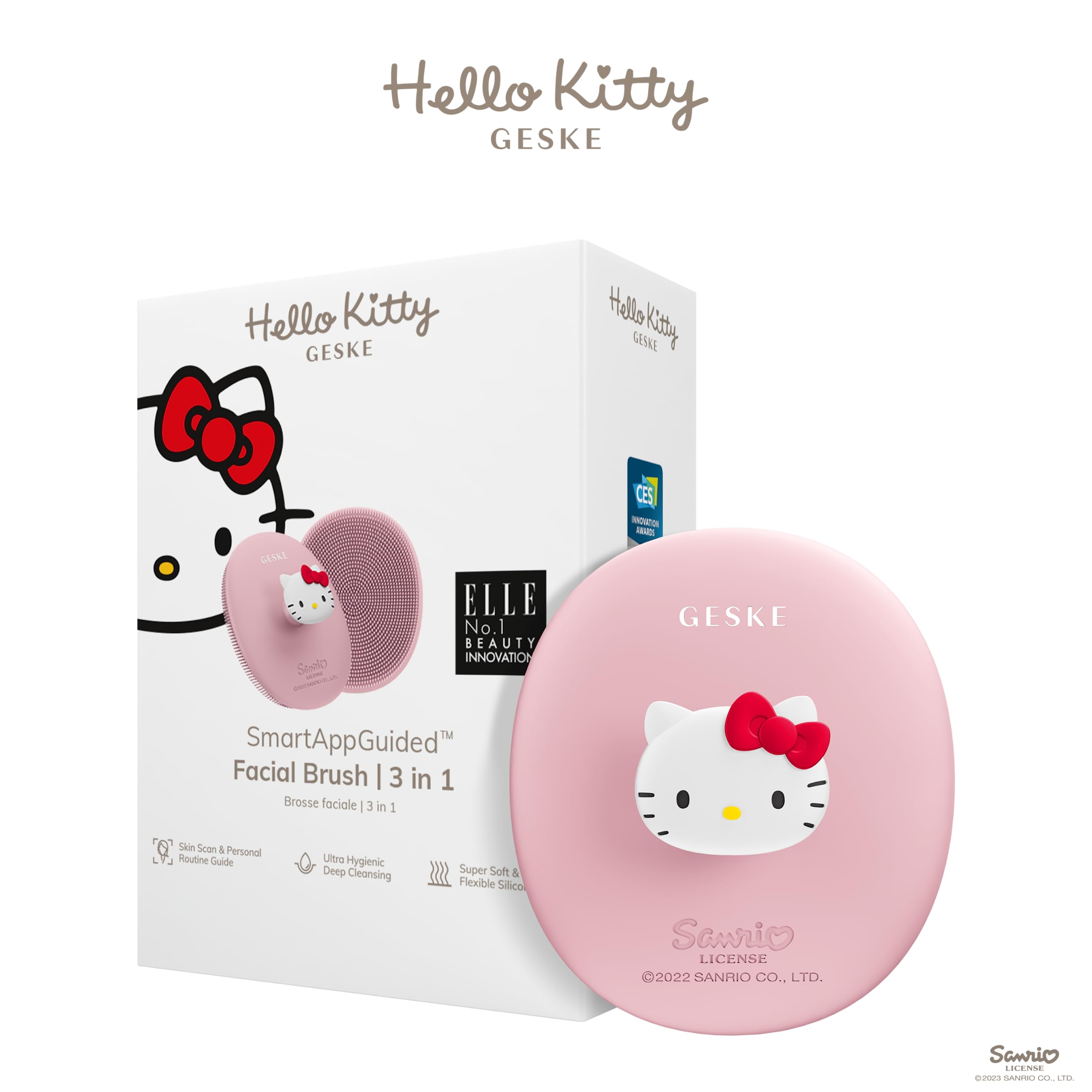 GESKE x Hello Kitty | SmartAppGuided™ Facial Brush | 3 in 1 | professional facial cleansing brush with handle | skin cleansing soft silicone facial brush | routine skincare | gentle cleansing