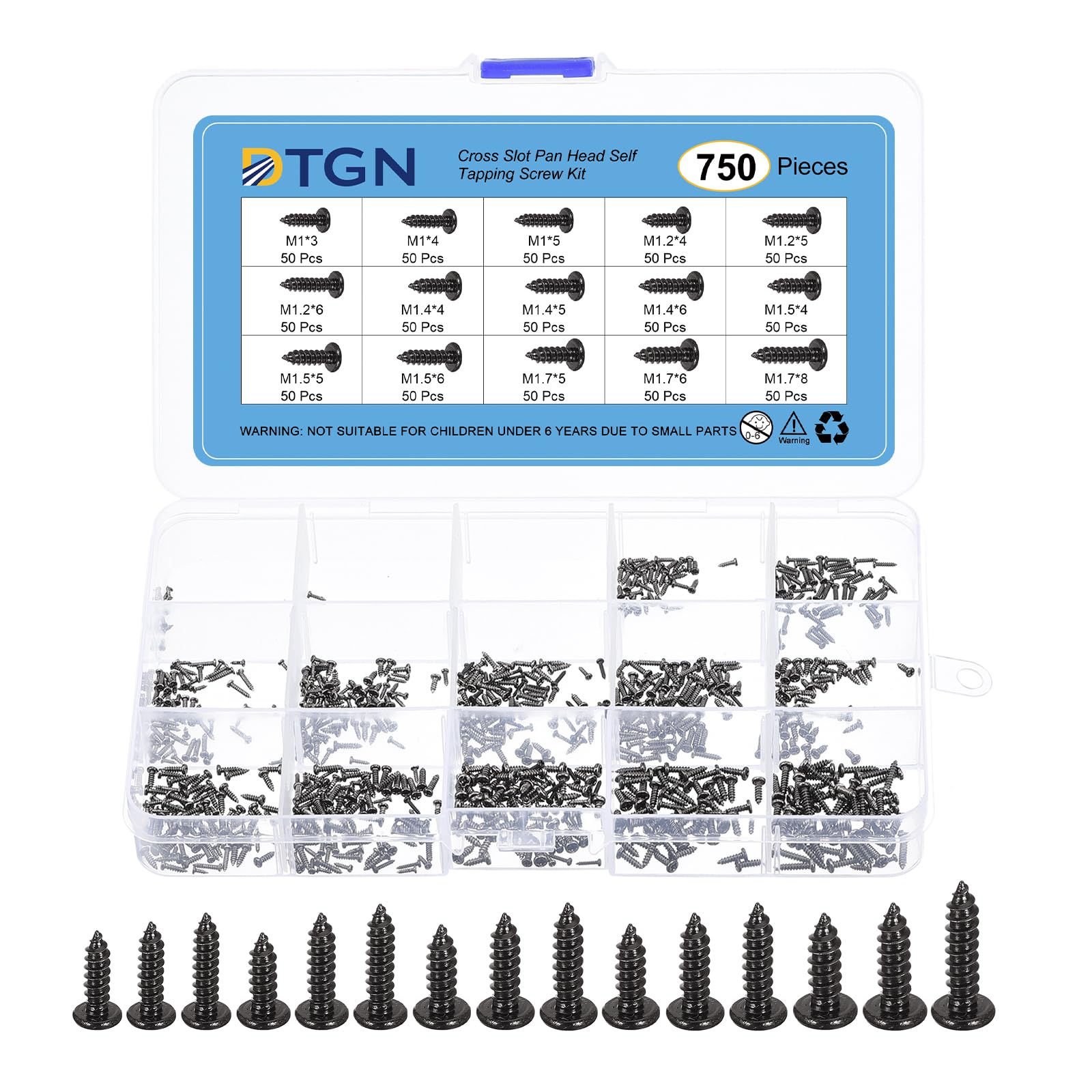 DTGN Small Phillips Pan Head Self Tapping Screws, Micro Wood Screws, Mini Electronic Screws Assortment Kit,Carbon Steel Black Oxide(Size:M1x3-M1.7x8-750pcs)