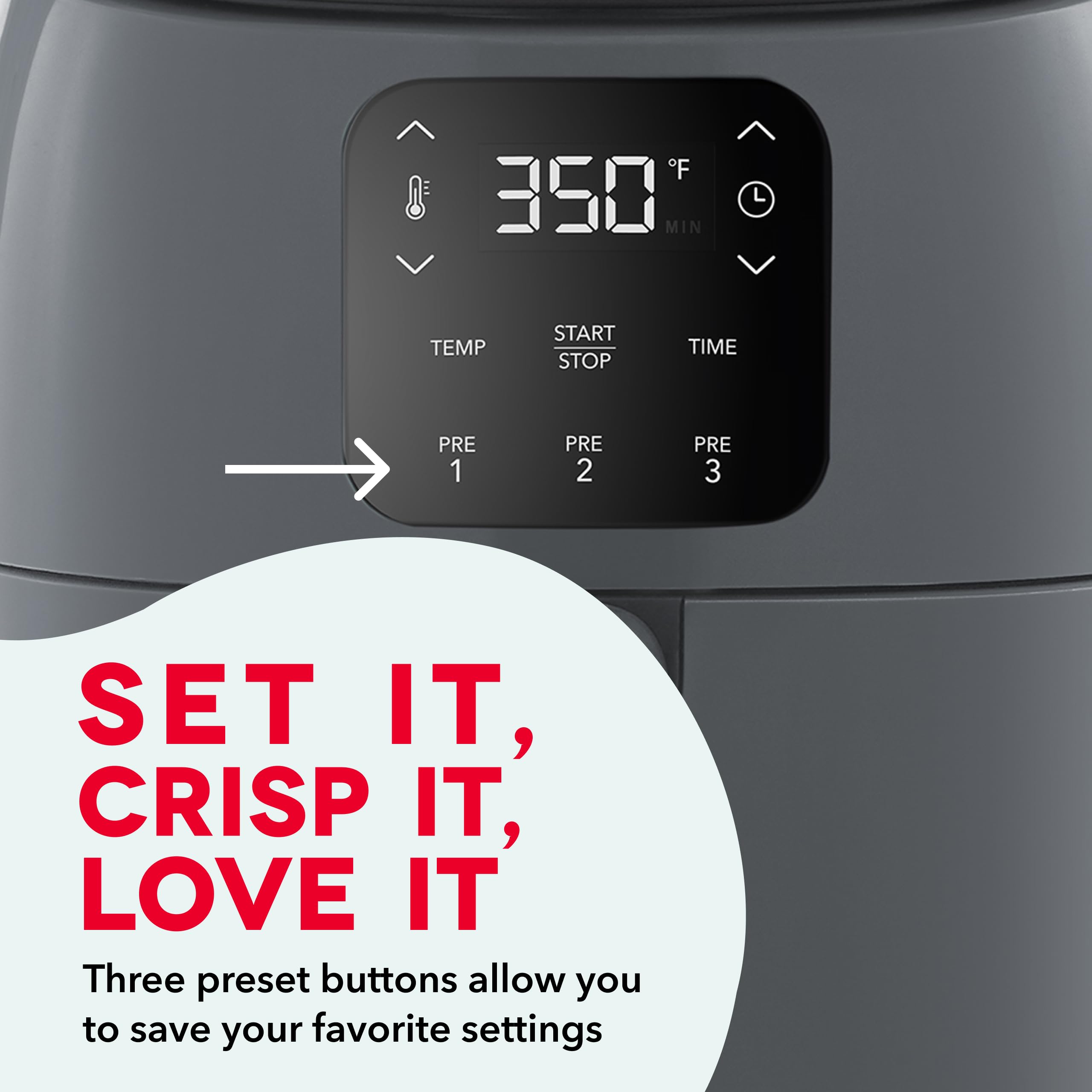 Freidora de aire eléctrica DASH Tasti-Crisp™, 2.6 cuartos, gris - Freidora de aire compacta para alimentos más saludables en minutos, ideal para espacios pequeños - Apagado automático, digital, 1000 vatios