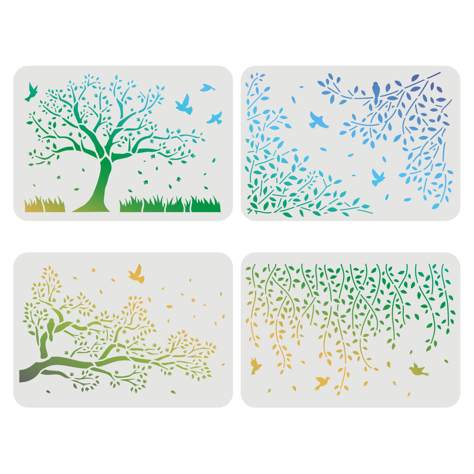 FINGERINSPIRE 4pcs Birds Tree Branches Stencils, 29.7x21cm, Flying Bird Stencil, Branches Stencil, Reusable Tree Stencils for Paintng on Wood, Floor, Wall, Fabric
