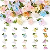 Beadthoven 40pcs Glass Flower Charms Pendants 10 Colors Lily of the Valley Pendants Mini Bell Flower Dangle Charms with Green Leaf for Jewelry Making Bracelet Earring Keychain DIY Crafts