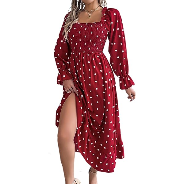 Women's Polka Dot Scoop Neck Dress Spring & Fall Casual Style Long Sleeve  Maxi Dress Burgundy S at Amazon Women's Clothing store