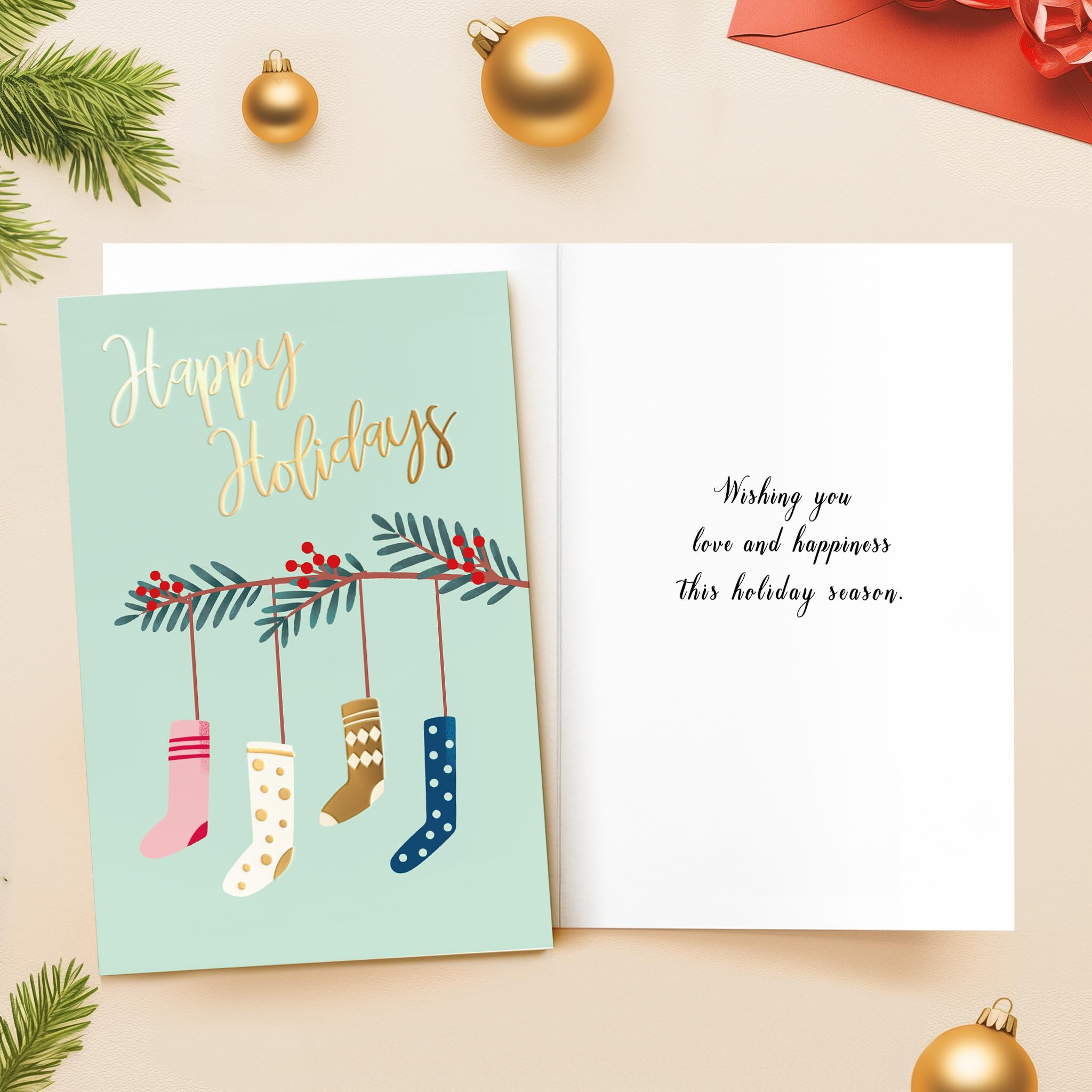BGTCARDS 24 Pack Gold Foil Christmas Cards with Envelopes and Inside Messages 6 Assorted Designs Christmas Cards Bulk for Friends, Family, Kids, Boys, Girls.
