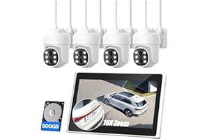 MOSBOK 2K Security Camera System Wireless Outdoor with 10“ IPS Monitor, 4pcs Dual Lens PTZ Security Camera,10x Hybrid Zoom, Auto Tracking, 2 Way Audio, Color Night Vision, No Subscription, 500GB HDD