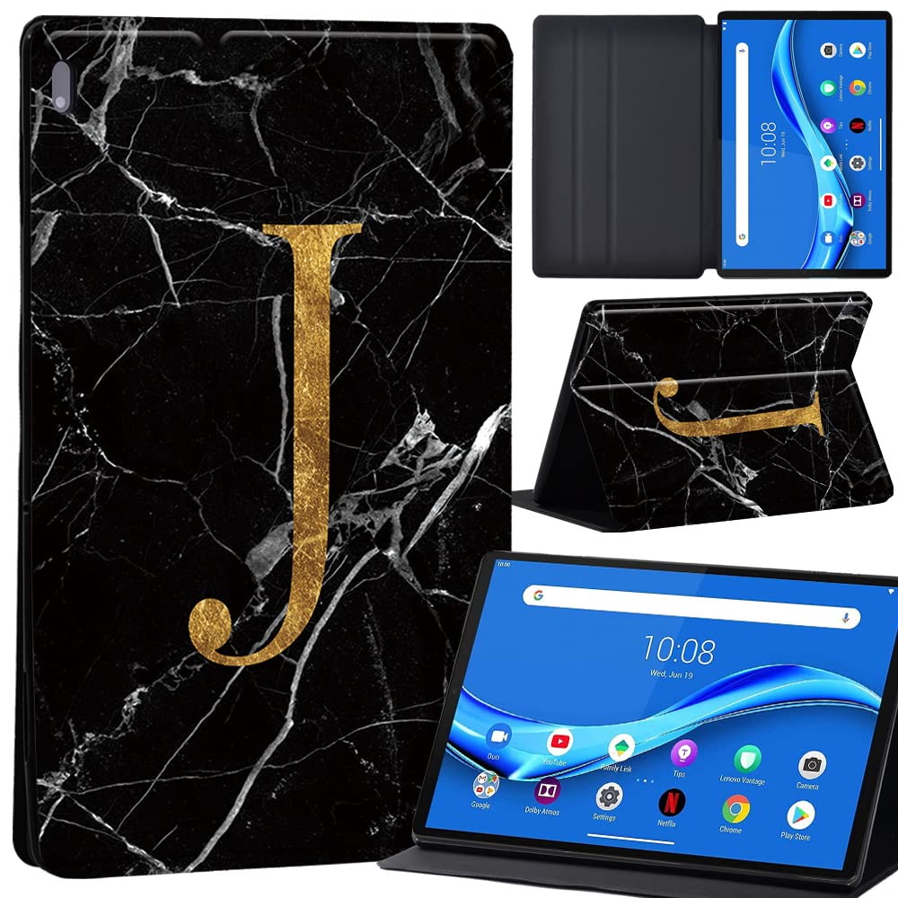 Case For Lenovo Tab M10 FHD Plus 10.3 inch (TB-X606X TB-X606F) Leather Case with Auto Wake-up, Flip Case for Lenovo Tab M10 FHD Plus Cover (letter J on black marble)