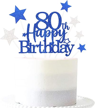 Pargleev Glittery 80th Cake Topper Blue Star Cupcake Toppers Eighty Years Old
