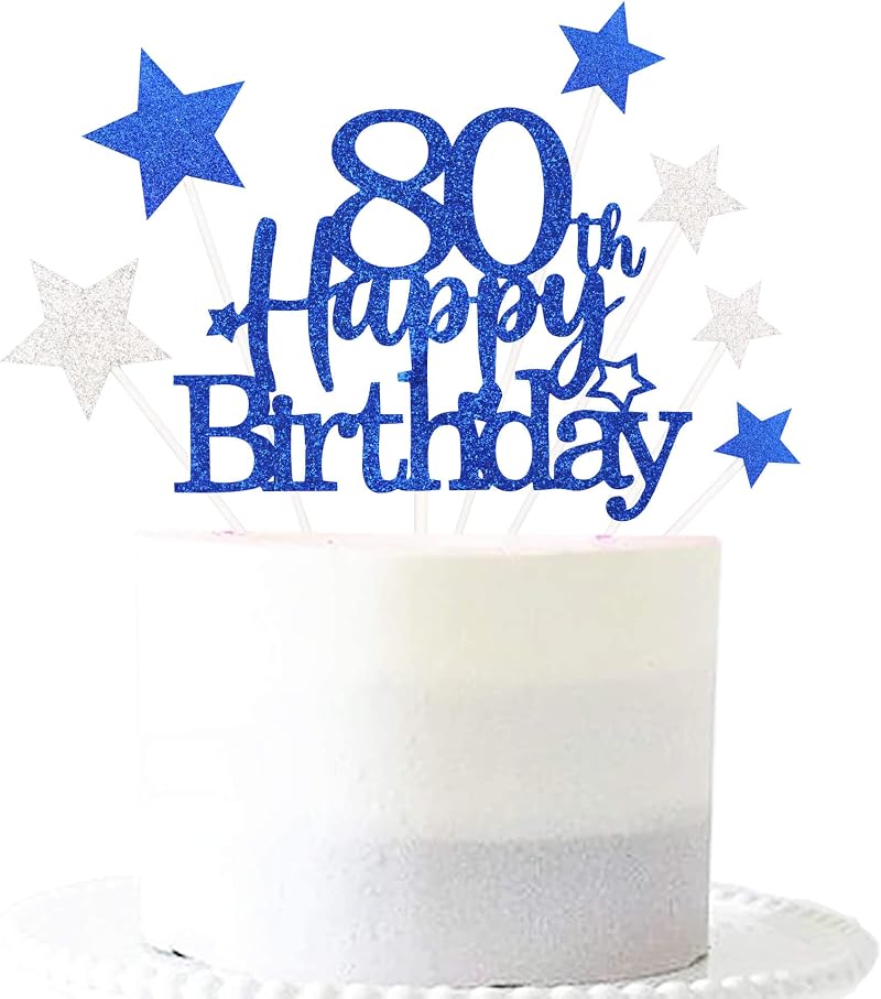 Pargleev Glittery 80th Cake Topper Blue Star Cupcake Toppers Eighty Years Old