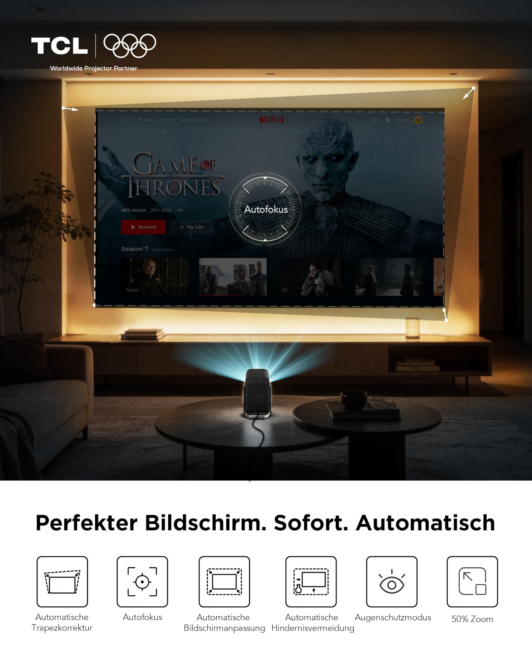 TCL C1 Smart Mini Beamer, Integriertes Offizielles Google TV/Netflix/APV, Projektor 4K 1080p, Autofokus & 6D Keystone, Dolby 8W, WLAN, Bluetooth, 285° Drehbar für Handy, Heimkino, Deckenprojektion 3