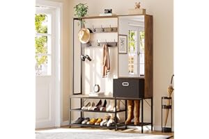 UPOSOJA Entryway Bench with Shoe Storage, 7-in-1 Hall Tree with Mirror Cabinet, Reversible Coat Rack, Fabric Drawer Metal Frame 9 Hooks for Hallway Mudroom Bedroom(Rustic Brown)