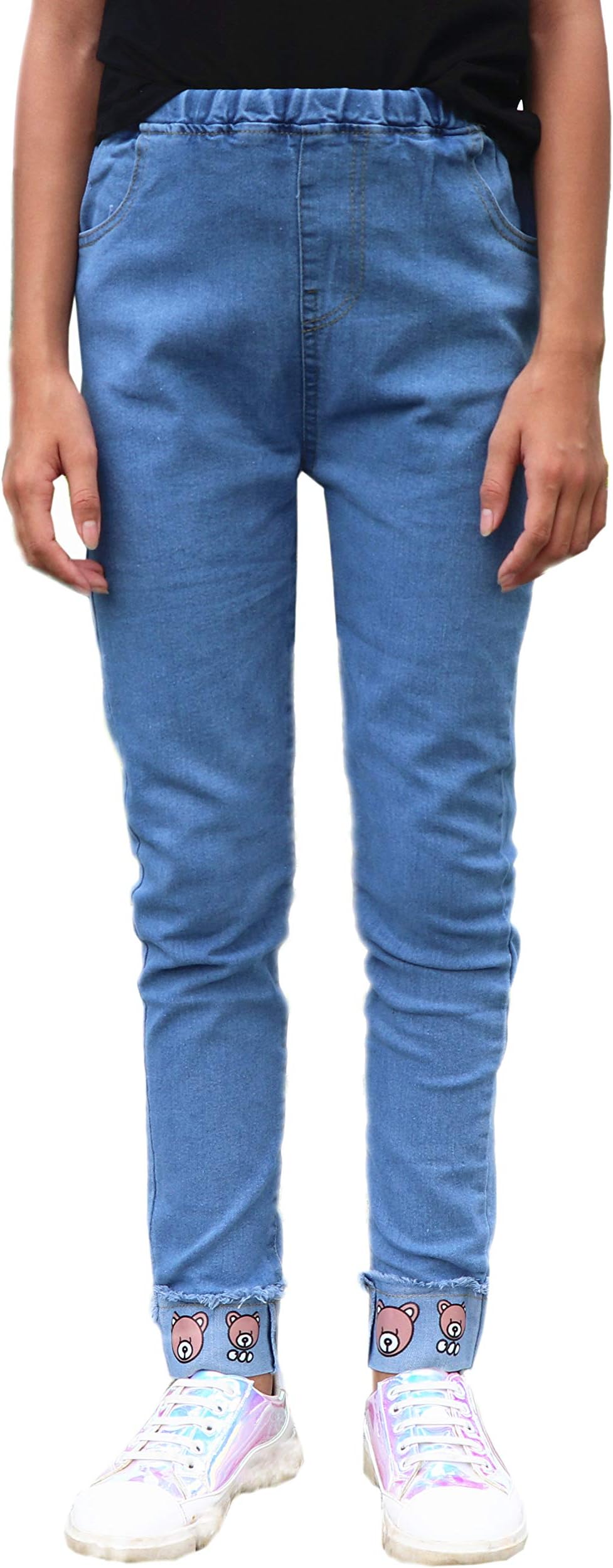 Big Girls Kids Distressed Ripped Hole Teens Jean Blue Cat Slim Denim Pants