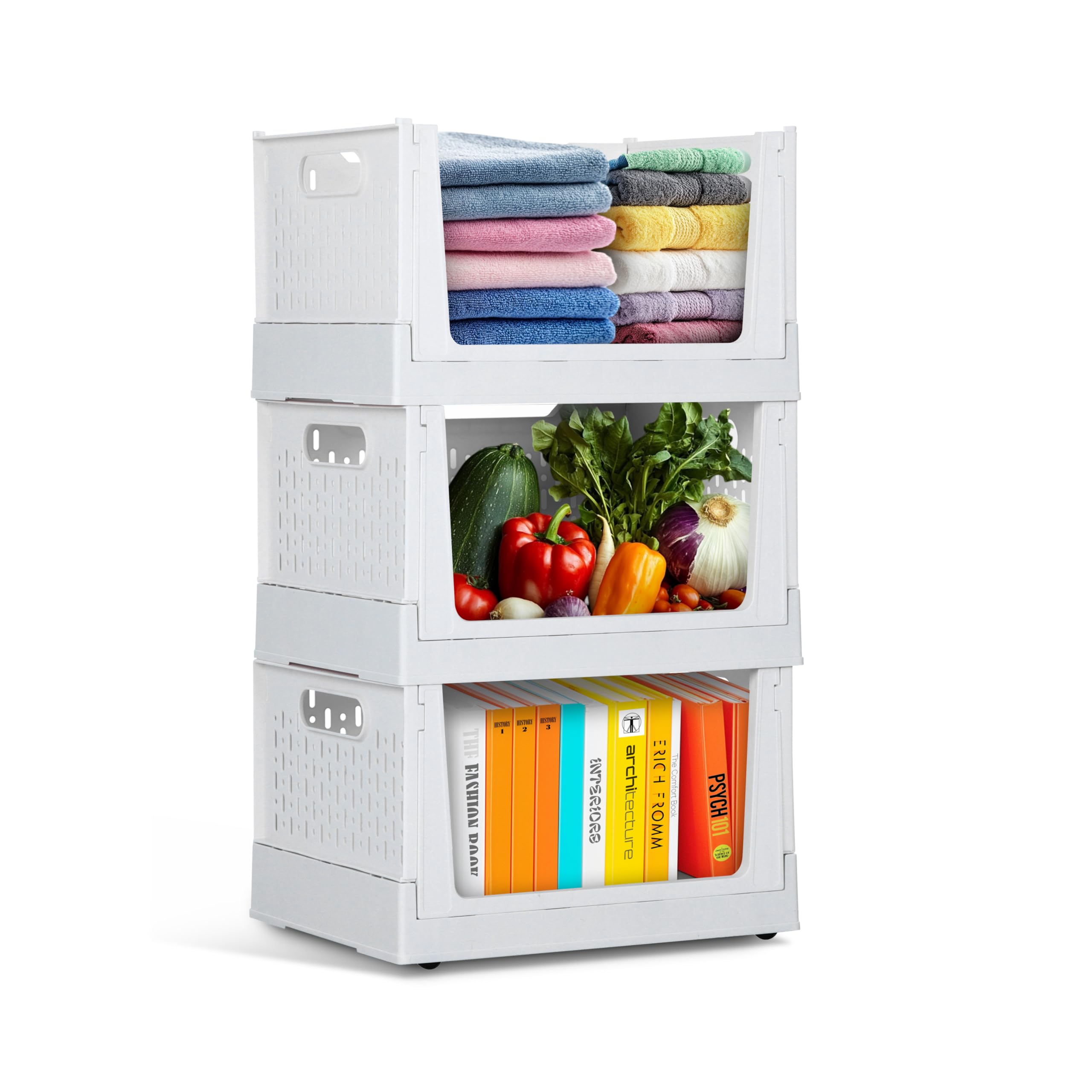 Photo 1 of TidyFriend Stackable Storage Bins with Wheels, 3 Pack Foldable Storage Bins Box, Plastic Shelves Drawer Organizer Container for Closet Office Bedroom Kitchen Bathroom (Ivory)