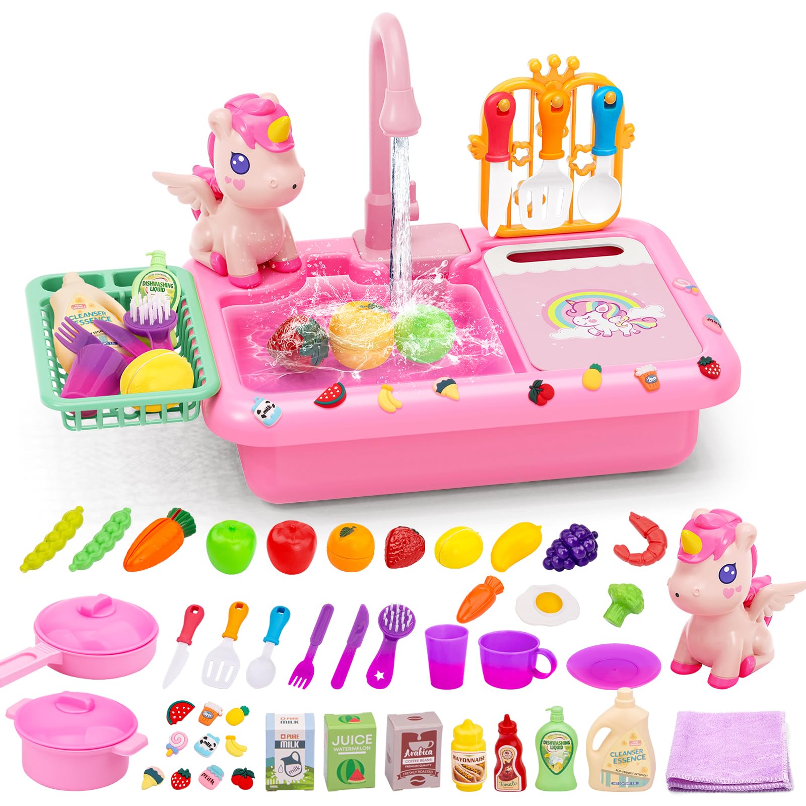 deAO Play Kitchen Sink Toys with Upgraded Rear Faucet, Play Cooking Stove, Cookware Pot and Pan, Play Food, Color Changing Dishes Accessories, Pretend Role Play Toys for Toddler Boys Girls (PINK)
