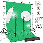 LimoStudio 10 x 9.6 ft. Heavy Duty Backdrop Stand / 10 x 20 ft. Green Background Screen / 700W Continuous Output Umbrella Lig