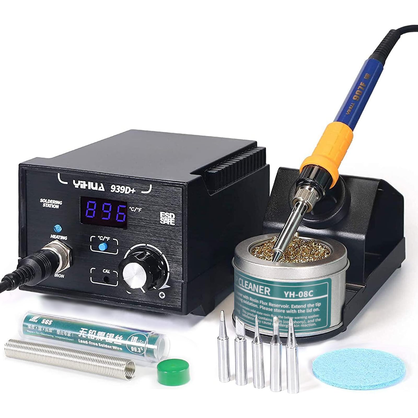 Photo 1 of YIHUA 939D+ Digital Soldering Station, 75 Watt Equivalent with Temperature Control, °C/°F Display. ESD safe for Electronics. Aluminum Panel (Resists Burn). Solder Tips, Lead-free Solder & Extras
