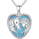LUANIOL Horse Necklace S925 Sterling Silver Genuine Turquoise Horse and Her Pendant Necklace Vintage Natural Turquoise Heart Jewelry Gifts For Women Female