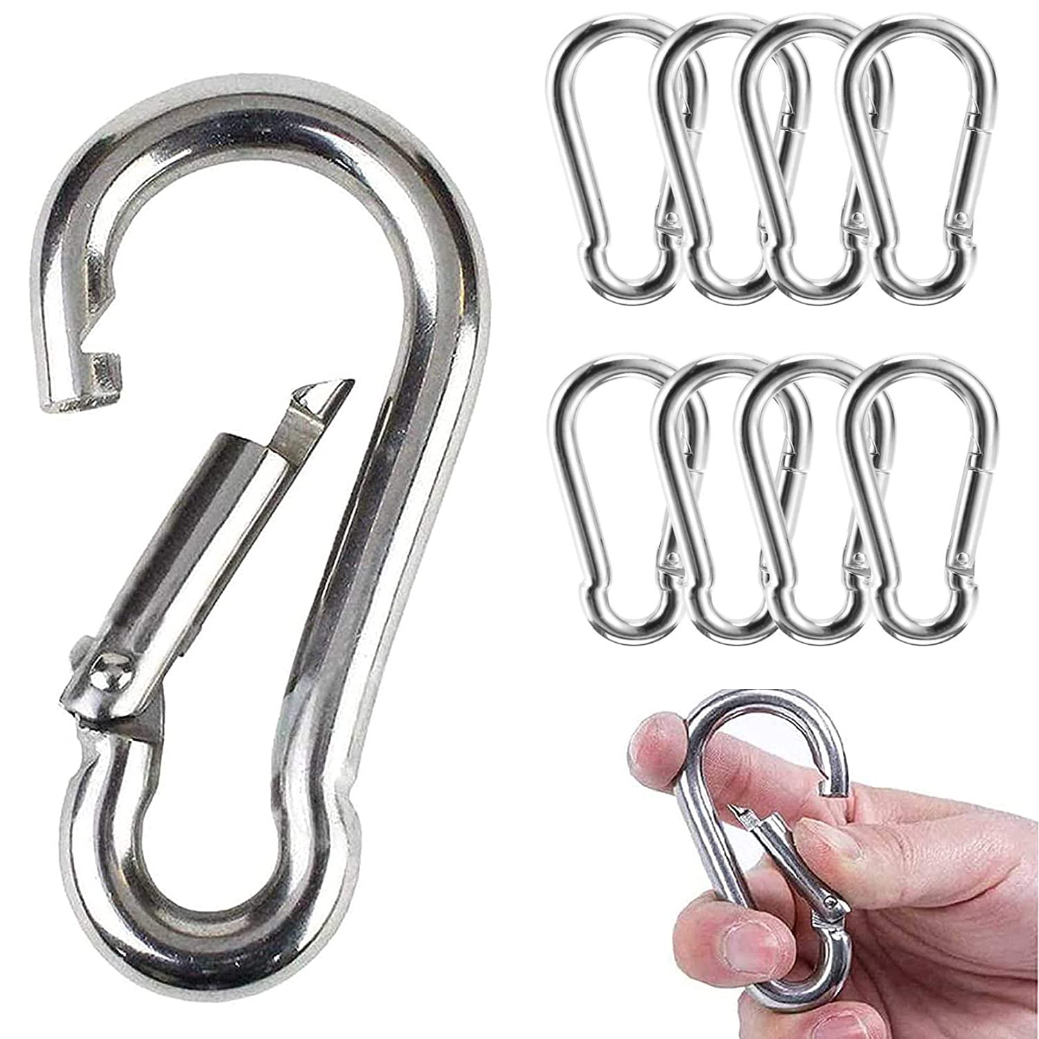 8 Pieces - Locking Carabiners (M6) Stainless Steel Chain Clip Hook for Travel, Camping, Hammock, Hiking, Fishing,Dog Leash Keychain