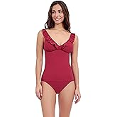 Profile by Gottex Womens Plus Size V-Neck One Piece Swimsuit with Asymmetrical Ruffle Surplice, Soft Cups,Tummy Control