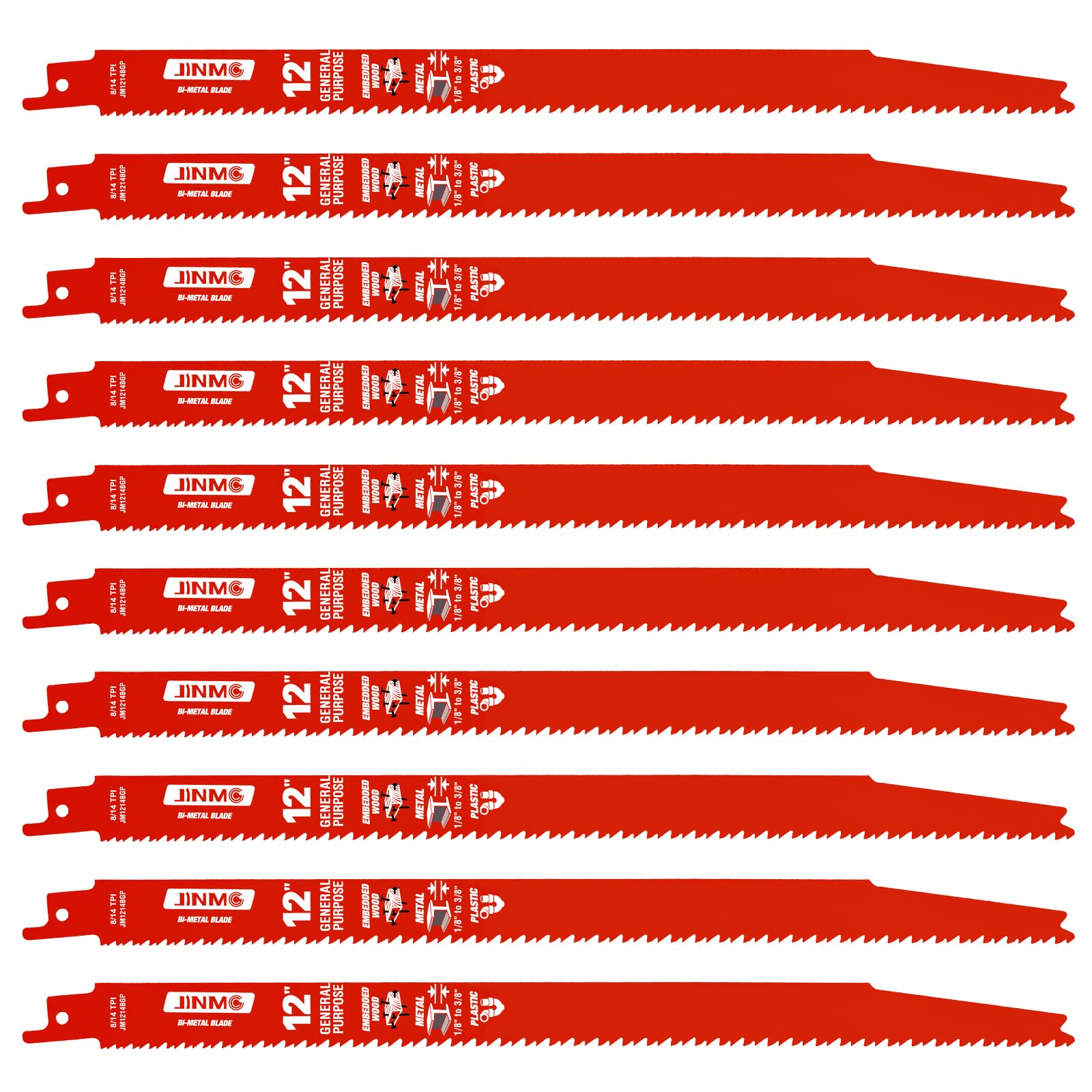 Photo 1 of 10 Pack 12Inch 8/14TPI Reciprocating Saw Blades for Wood and Nail-Embedded Wood Demolition, Metal Cutting for 1/8-3/8 Medium Metals and PVC Pallets etc.- Compatible with Diablo Bi-Metal Sawzall Blades