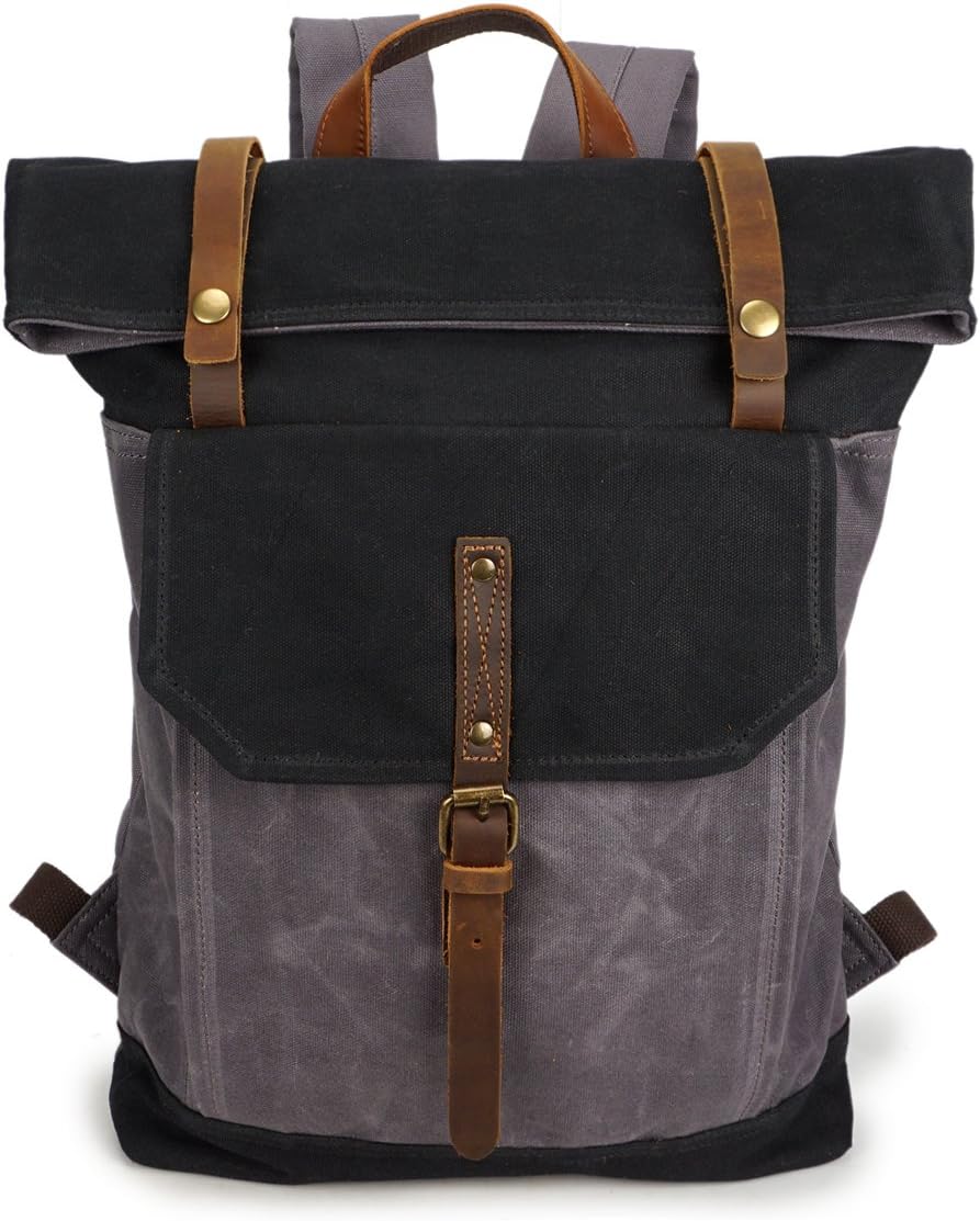 ZEEMOO Waxed Canvas Backpack Waterproof 15.6 Inch Laptop Backpack Casual School Satchel College Bags Travel Rucksack for Men and Women, Good Gift (black & grey)