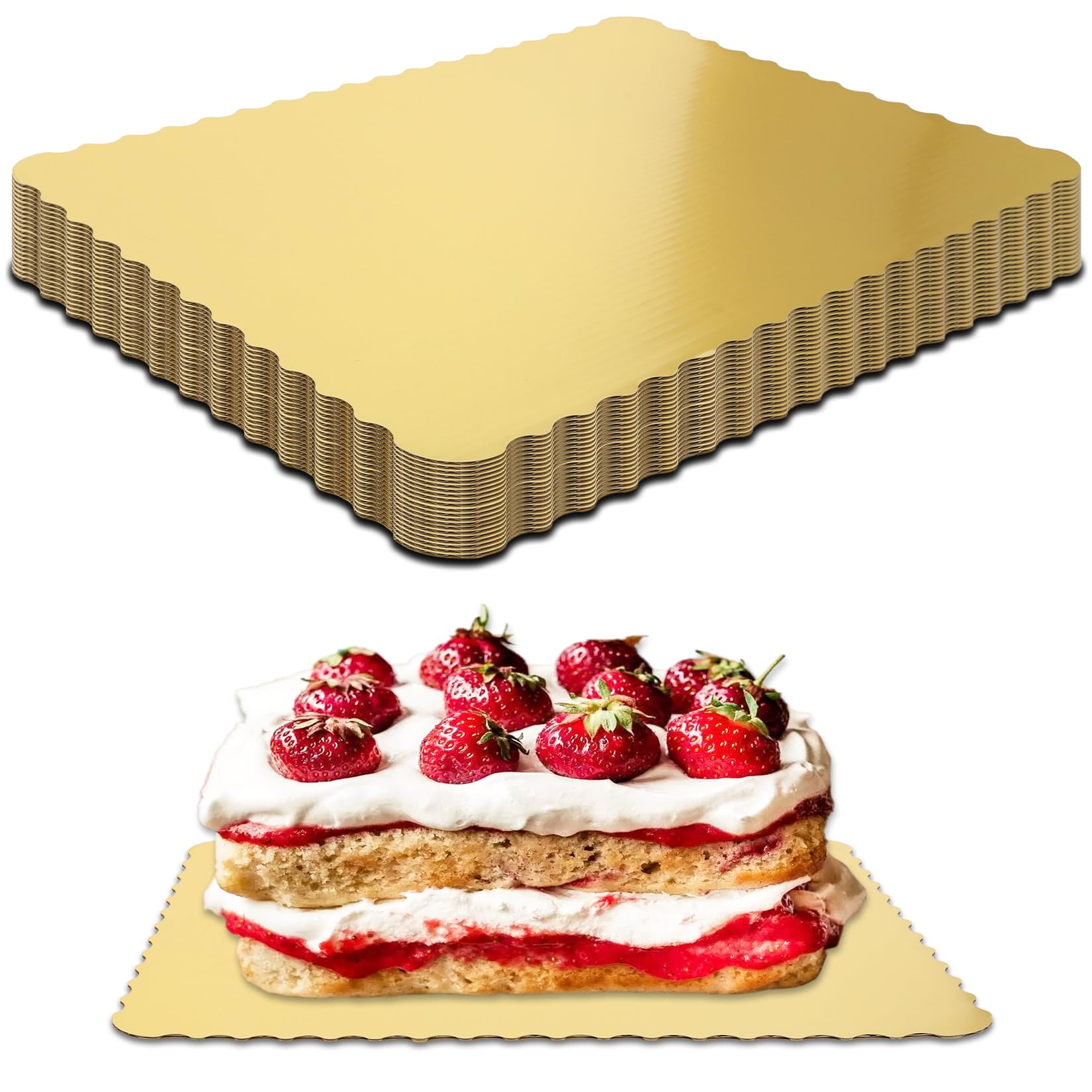 Photo 1 of Anscher 50 Pack 14 x 10 Inch Greaseproof Rectangle Cake Boards Corrugated Single Wall Cake Pad Half Sheet Cake Board Rectangular Scalloped Rectangle Dessert Base for Cake Pizza(Gold)
