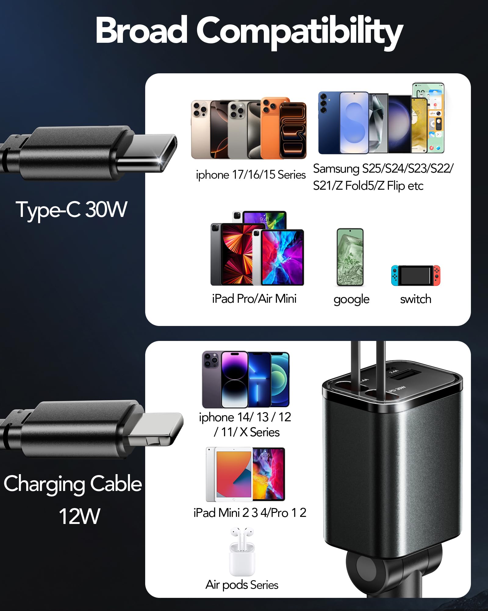 Retractable Car Charger Adapter for iPhone 17,4 in 1 Fast Charging Car Phone Charger,69W USB C Car Truck Accessories,Road Trip Essentials Gift for Men Women for iPhone 17 Pro Max/16/15/14/13/12,Galaxy