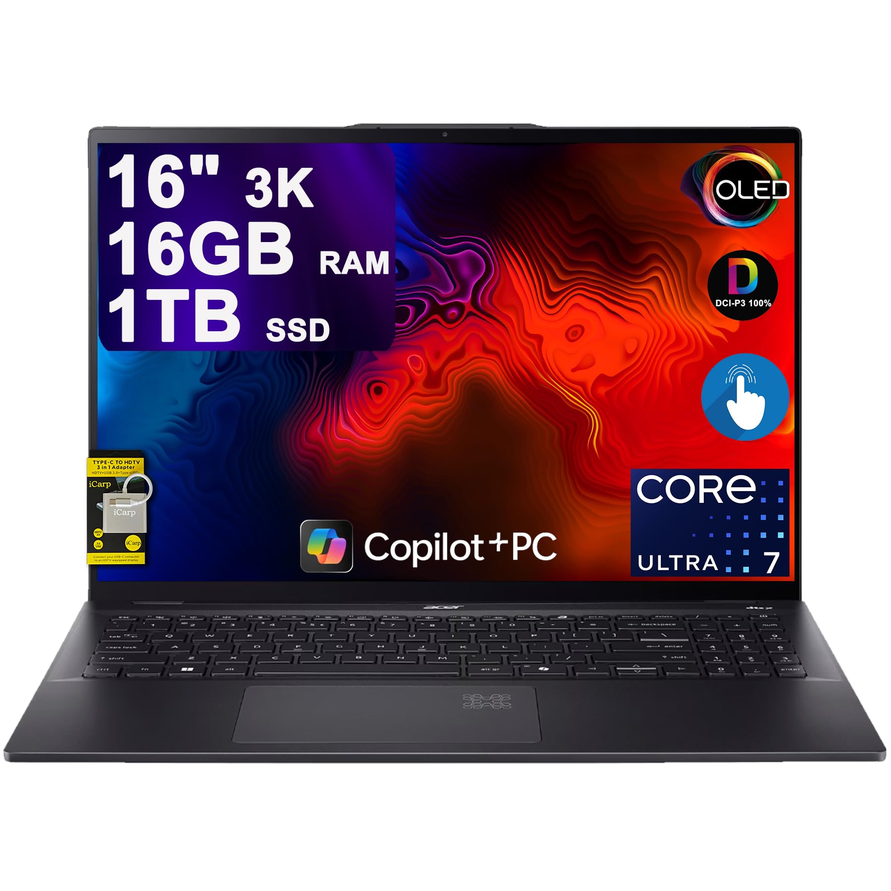 acer Swift 16 AI Laptop 16" 3k OLED 120Hz Touch (100% DCI-P3) Intel 8-core Ultra 7 256V (Up to 47 Tops) 16GB RAM 1TB SSD Backlit Fingerprint for Creator Business Professional Win11 ICP Hub w/Copilot+